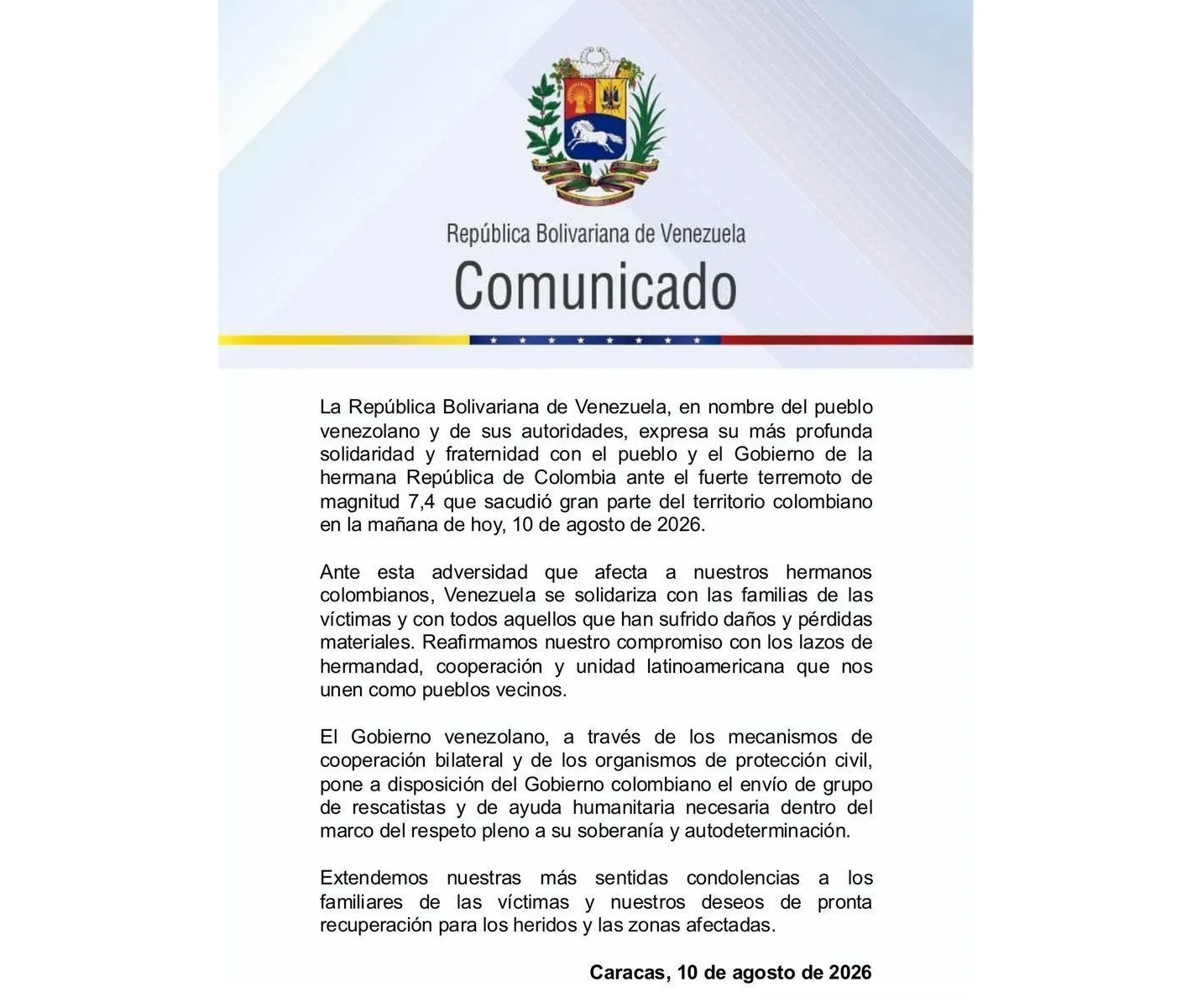 Gobierno de Venezuela envía mensaje de solidaridad a Colombia por terremoto de magnitud 7,4