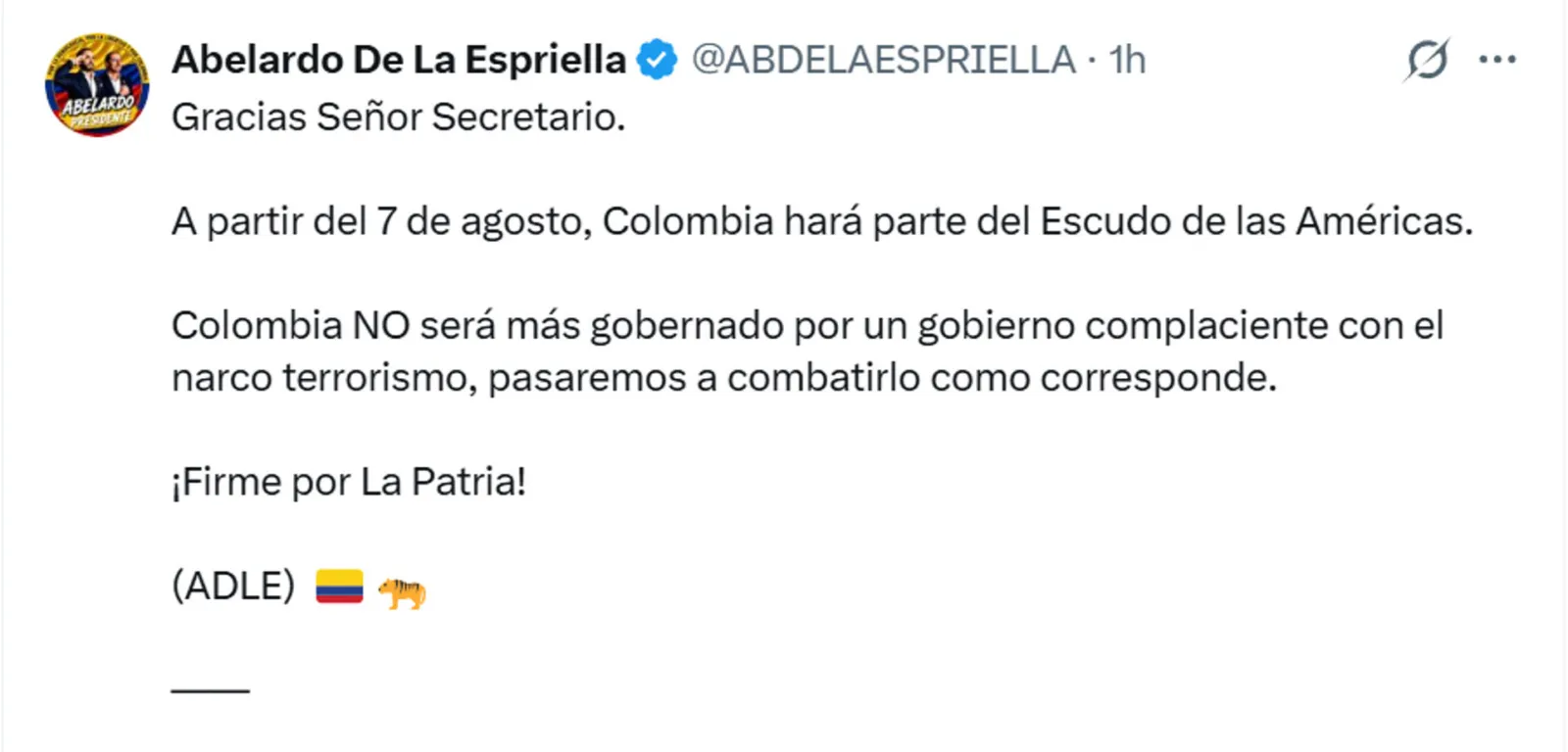 De la Espriella anuncia que Colombia se sumará al Escudo de las Américas el 7 de agosto
