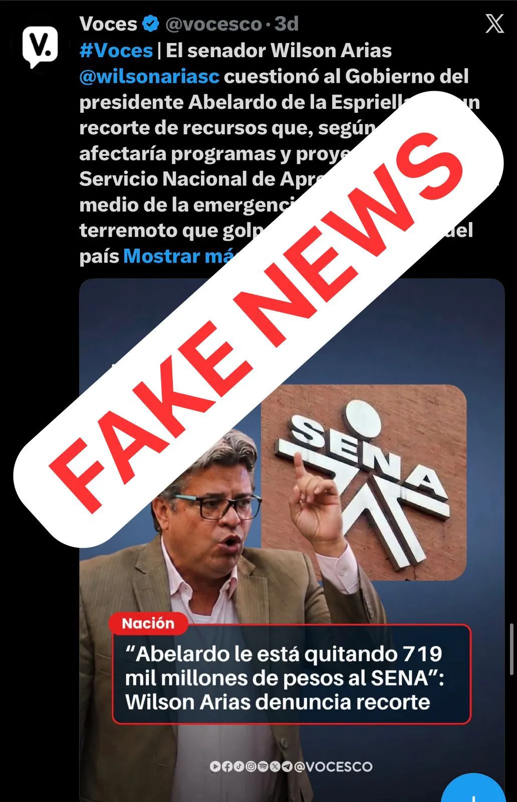 Es falso que el Gobierno de Abelardo De La Espriella haya anunciado un recorte de 719.000 millones al SENA