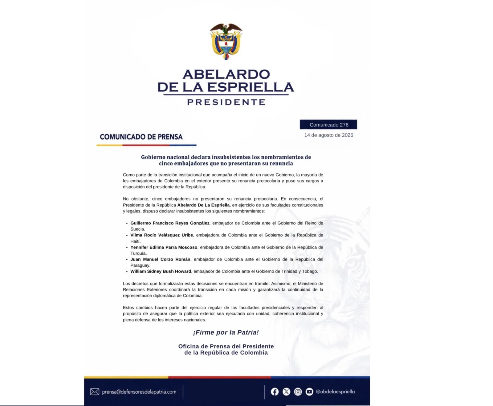 Cinco embajadores colombianos son declarados insubsistentes por omitir la renuncia protocolaria
