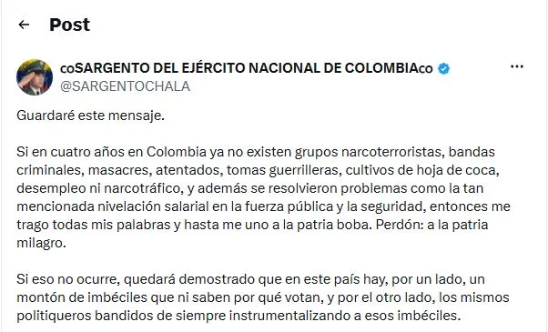 Sargento en retiro desafía a Abelardo de la Espriella y condiciona su retractación a resultados en seguridad