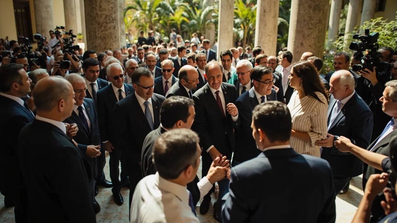 El presidente de Uruguay, Yamandú Orsi, saluda a Abelardo de la Espriella por su victoria